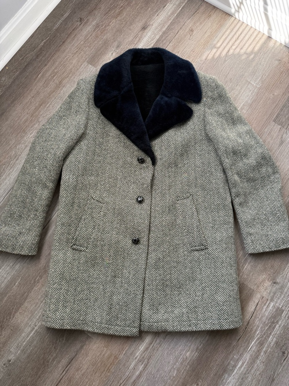 VTG Anderson Little Herringbone Wool Coat Navy Black Faux Fur Collar Size 42 L